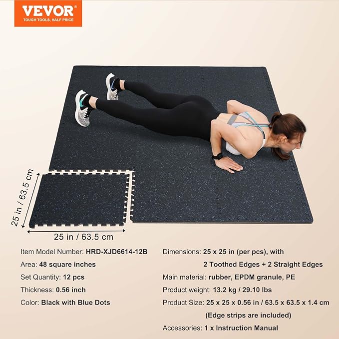 VEVOR 0.56 Inch Thick Gym Floor Mats, 12 Tiles Rubber Top with EVA Foam, 25" x 25" Gym Flooring Workout Mat with 48 sq.ft Coverage, Interlocking Puzzle Gym Mats for Home, Garage, Black & Blue
