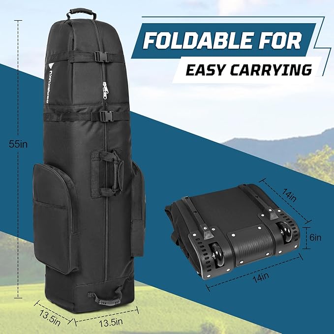 Golf Travel Bag with Wheels, Portable Golf Club Travel Cover for Airlines, 4 Large Pockets,1200D Heavy Duty Wear-Resistant, Soft Sided Foldable Golf Travel Case for Easy Storage