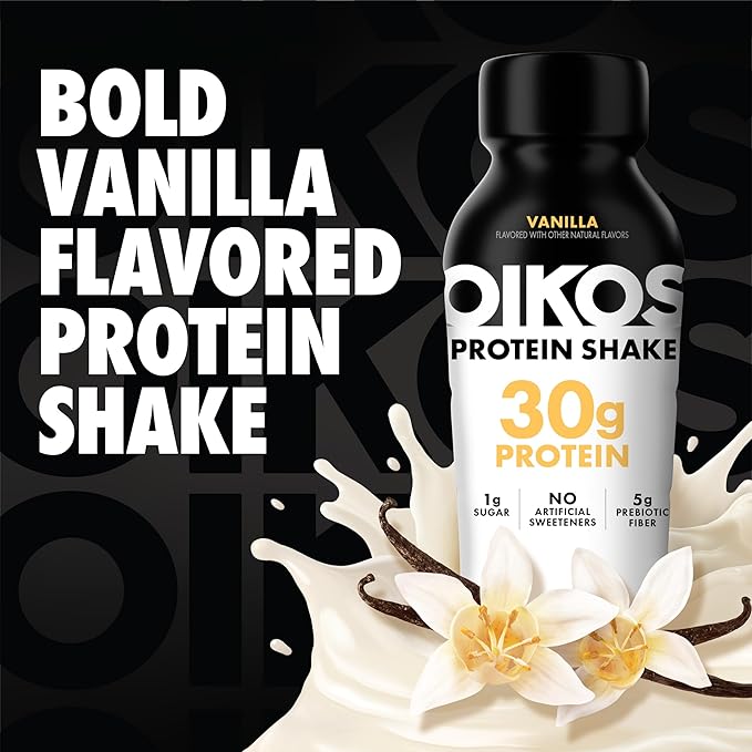 Oikos Protein Shake, Vanilla, 30g High Protein Drinks, Shelf Stable, Ready to Drink, 5g Prebiotic Fiber, 12 fl oz Bottle, 4 Count