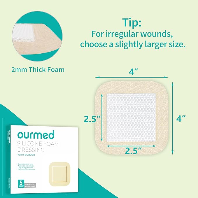 Silicone Foam Dressing with Border Adhesive - Large Absorbent Waterproof Bandage for Wound Care, Foot Diabetic Ulcer, Leg Ulcer, 4" x 4", 5 Pack