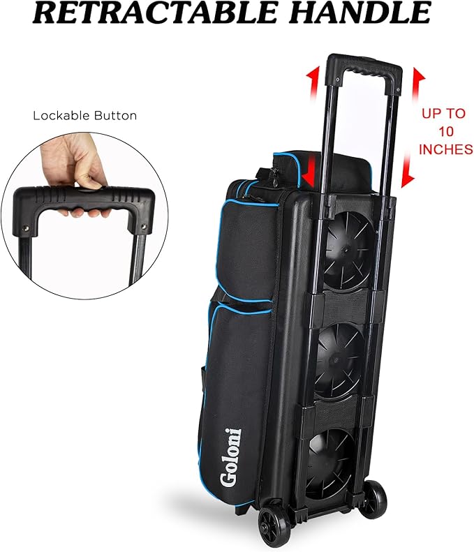 Goloni 3 Ball Bowling Bags with Wheels - Rolling Bowling Bag for 3 Balls & Accessories - Retractable Handle Extends to 38