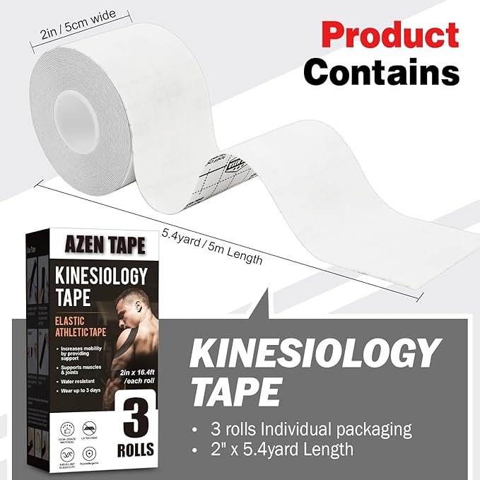 AZEN 3 Rolls Kinesiology Tape, 16.4 ft Waterproof Kinetic Tape for Joints Support and Muscle Pain Relief, Athletic Tape, Knee Tape, Uncut Muscle Tape - White