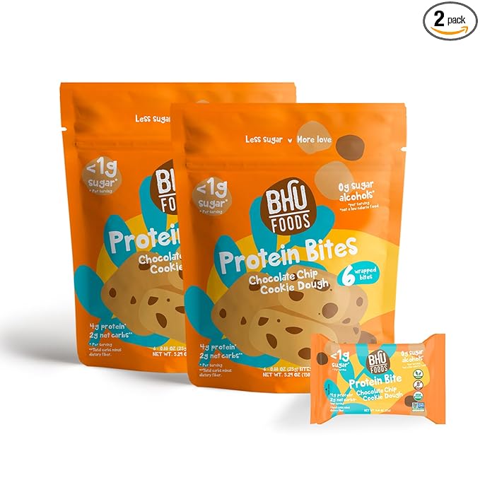 Bhu Foods Keto Bites, Chocolate Chip Cookie Dough, Organic Snacks for Adults & Kids, Gluten Free, Vegan, Low Carb & Sugar, Individually Wrapped (2 Pack)