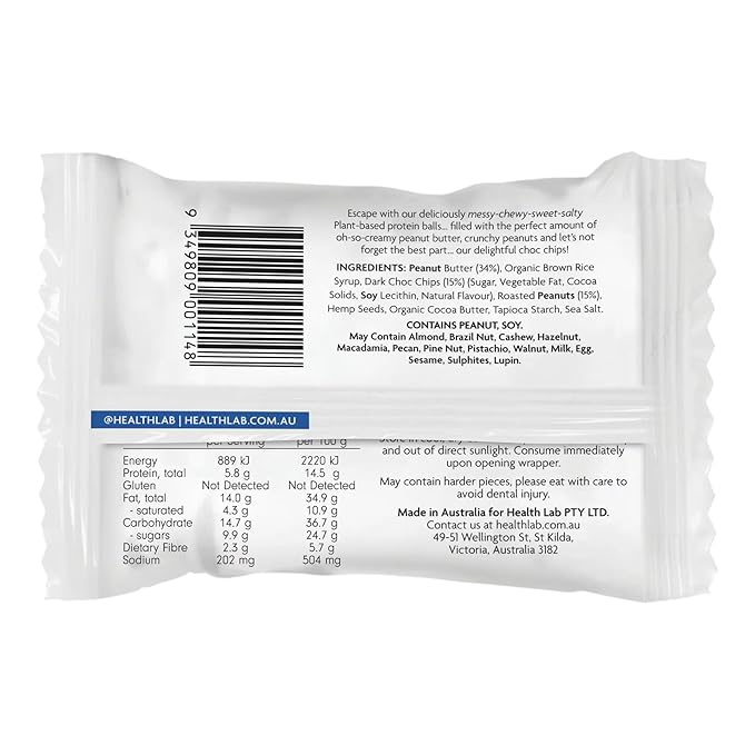 Health Lab - Vegan Protein Balls - Chewy Choc Chip and Peanut Butter 480g - (Pack of 12)