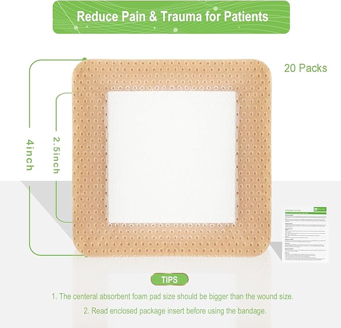 NeuHeils Silicone Foam Dressing with Gentle Border 4''x4'', 20 Pack for Bed Sore Leg Ulcer, High Absorbency Large Waterproof Silicone Wound Bandage