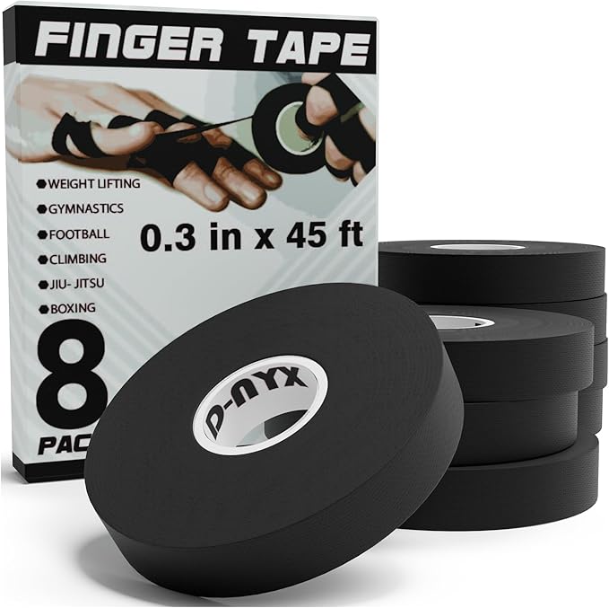 8 Pack Finger Tape Athletic Sports Wrap 0.3” x 45 Feet for Rock Climbing BJJ Jiu Jitsu MMA Grappling Martial Arts Volleyball Weight Training Wrestling Hand Tape Black