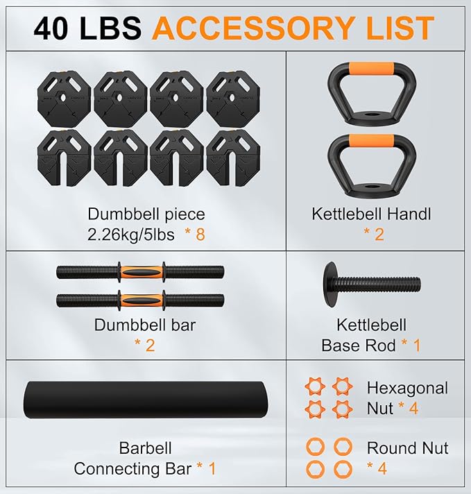 Adjustable Dumbbells Set for Women Men 20LBS/30LBS/40LBS/60LBS Weight Set with Connector, 5 in 1 Free Weights Dumbbells Set for Barbell Kettlebells Weightlift Push Up Fitness Exercises for Home Gym
