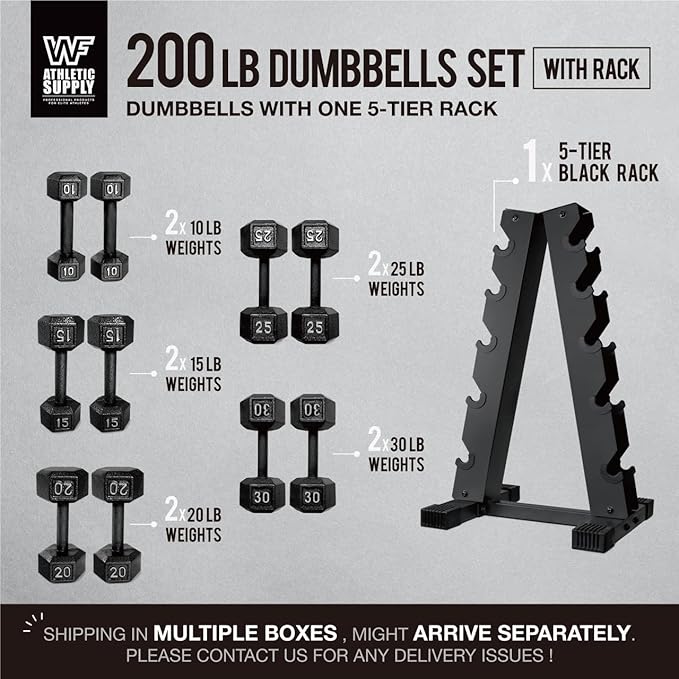 WF Athletic Supply 200Lb Dumbbell Set, 10-30Lb Dumbbell Set with A Frame Storage Rack for Muscle Toning, Strength Building & Weight Loss - Multiple Choices Available