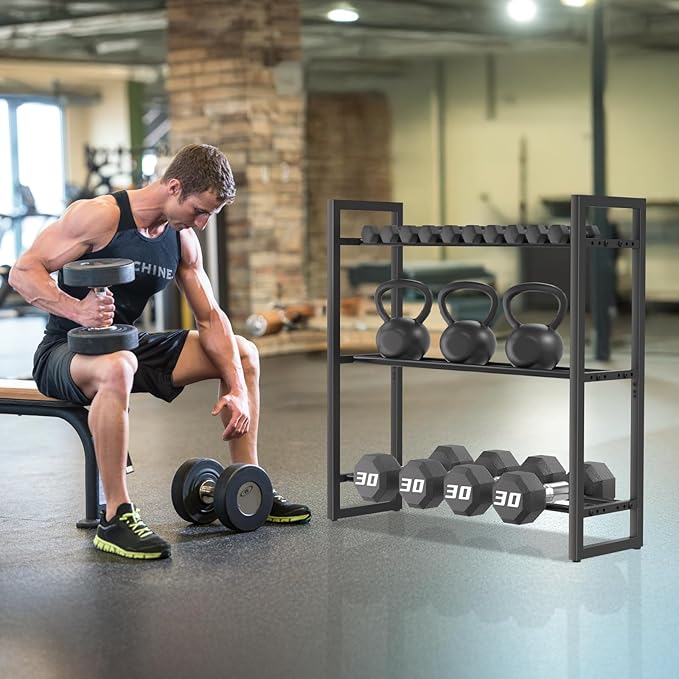 Pickpiff Adjustable 3-Tier Dumbbell Rack – Heavy-Duty Metal Weight Storage Stand for Dumbbells, Kettlebells, and More – Space-Efficient Home Gym Organizer – 360 lb Capacity (Dumbbells Not Included)