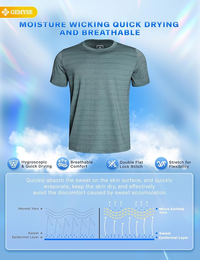 GEMYSE Men's Running Short Sleeve Shirt Sun Protection Quick Dry Moisture Wicking T-Shirts UPF 50+ for Workout