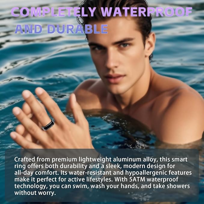 Activity Tracker Ring for Men – Fitness Tracker Ring with Heart Rate, SpO2, Blood Pressure, Sleep Monitoring, Step & Calorie Counter, 5ATM Waterproof, No Subscription Fee (Black 8)
