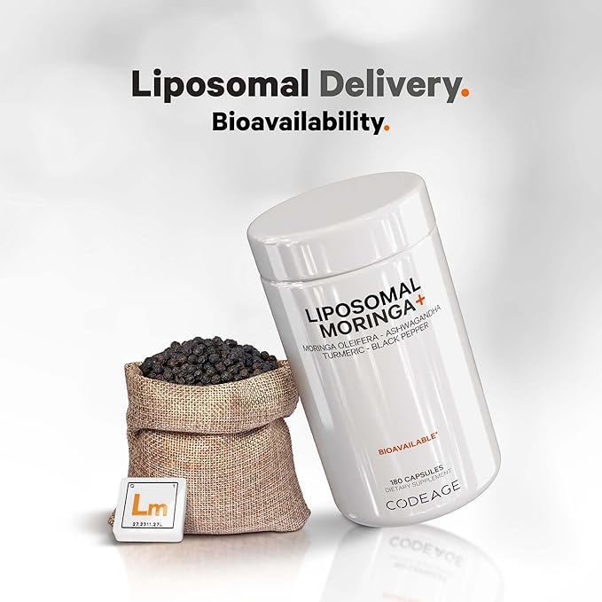 Codeage Liposomal Moringa+ Supplement, 400mg Moringa 50:1 Extract - 20,000mg Moringa Oleifera Leaf Equivalent - Turmeric, Ashwagandha, Black Pepper, 3-Month Supply, Vegan Moringa Powder - 180 Capsules