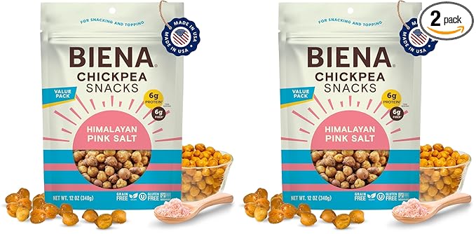 BIENA Roasted Chickpea Snacks – Himalayan Salt, 1 Value Pack – Crispy Salted Chickpeas Loaded with Protein & Fiber - Delicious, Healthy Snacks for Adults and Kids (Pack of 2)