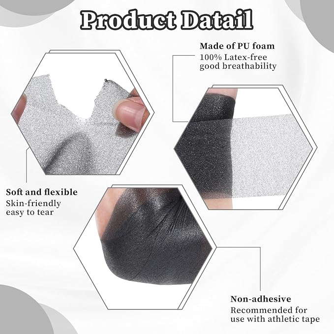 12pcs Black Prewrap Athletic Tape, Prewrap Athletic Tape for Hair Soccer, Premium Quality Hand Wrap Bandage Athletic Prewrap Tearable, Sports Knee Foam Ankle Wrist Tape Soccer Baseball for Injury