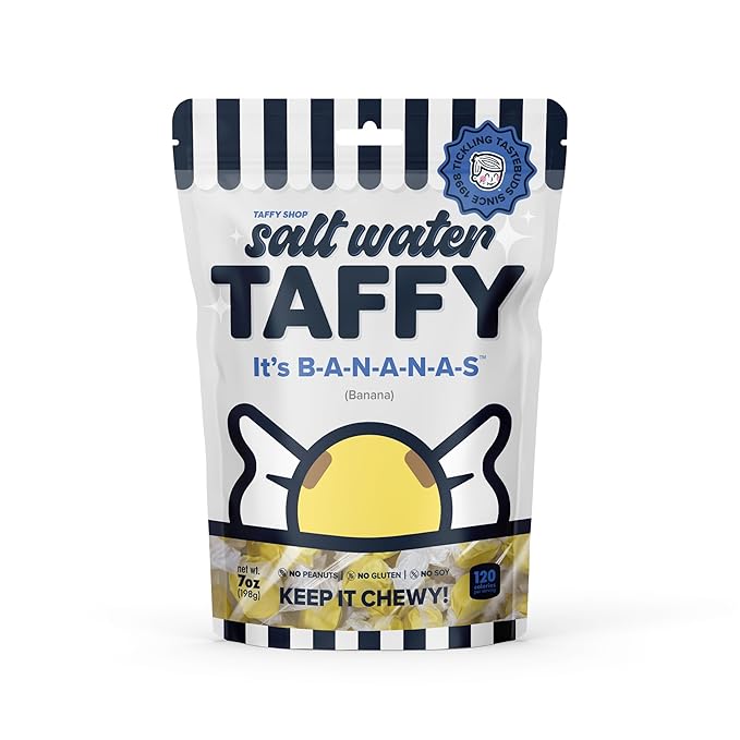 Taffy Shop It's BANANAS, Banana Salt Water Taffy – Gourmet Soft Chewy Candy, Bulk Sweet Snack, Fresh Gift & Gluten-Free, 35 Individually Wrapped Pieces (7oz)