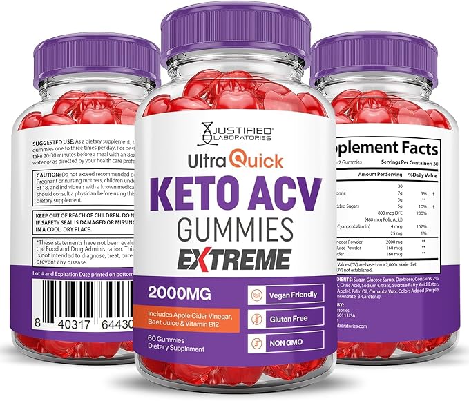 Justified Laboratories (3 Pack Ultra Quick Keto ACV Gummies Extreme 2000MG Ultraquick Keto Gummies Apple Cider Vinegar Formulated with Pomegranate Beet Juice Powder B12 Vegan Non GMO 180 Gummys
