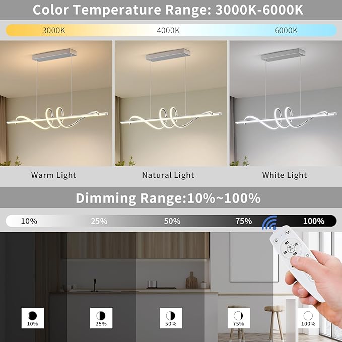 Modern LED Pendent Lights Kitchen Island,3000k-6000K Adjustable Color Dining Room Light Fixture,Dimmable with Remote Control Aluminum for Kitchen, Living, Dining,Bedroom(39in Chrome Silver