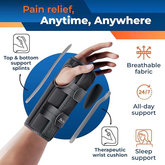 DR. BRACE Adjustable Wrist Brace Night Support for Carpal Tunnel, FSA & HSA Eligible, Doctor Developed, Upgraded with Double Splint & Therapeutic Cushion, Hand Brace For Pain Relief, Injuries, Sprains