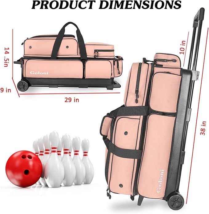 Goloni 3 Ball Bowling Bags with Wheels - Rolling Bowling Bag for 3 Balls & Accessories - Retractable Handle Extends to 38