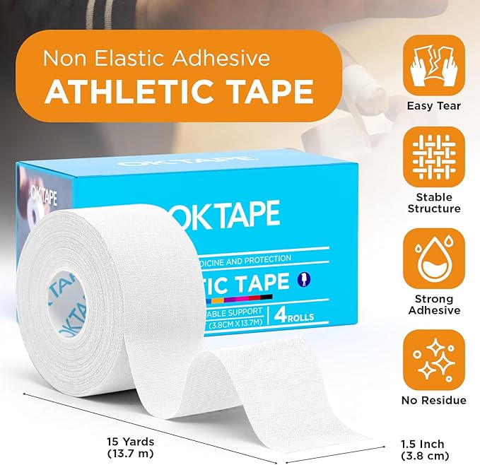 OK TAPE 4 Rolls White Athletic Tape, Sports Tape, Very Strong Easy Tear Wrist Ankle Tape, No Sticky Residue | Athletes, Medical, Athletic Trainers- 1.5inch x 15yards