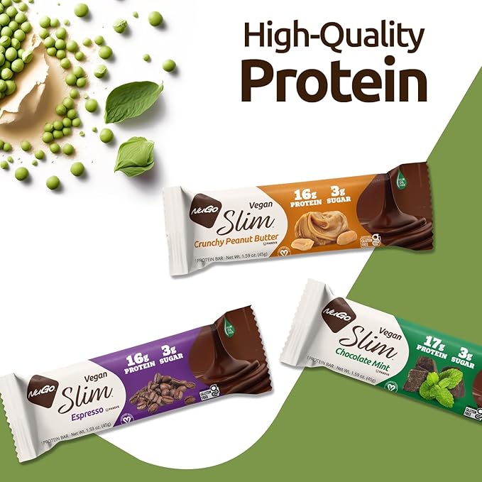 NuGo Slim Dark Chocolate Crunchy Peanut Butter, 17g Vegan Protein, 3g Sugar, 7g Fiber, 180 Calories, Low Net Carbs, Gluten Free, 12 Count