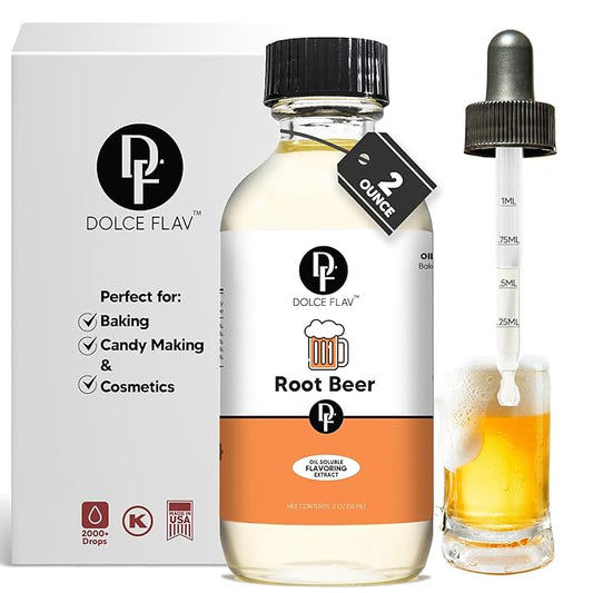 Dolce Flav Root Beer Extract – 2 Ounce Oil-Soluble Kosher, Sugar-Free, Concentrated Classic Root Beer Flavoring for Baking, Chocolates & Desserts, Includes Measured Dropper