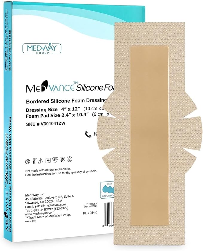 MedVance TM Silicone - Bordered Silicone Adhesive Foam Dressing Size 4" 12" w/Wings (2.4"x10.4" Pad), Box of 5 dressings