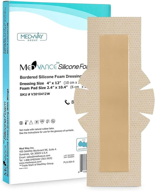 MedVance TM Silicone - Bordered Silicone Adhesive Foam Dressing Size 4" 12" w/Wings (2.4"x10.4" Pad), Box of 5 dressings