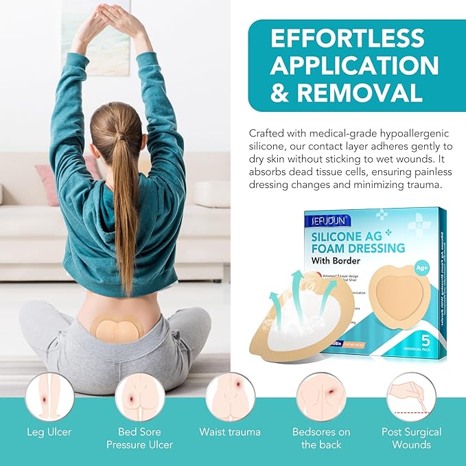 Silicone Foam Dressing Ag Sterile Wound Bandage with Waterproof Gentle Silicone Adhesive Border (5 Packs), 7"x 7" Breathable Ultra Absorbent Pads (7.08x7.08 Inch (Pack of 5))