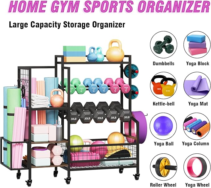 Dumbbell Rack – Adjustable Weight Storage Stand with Hooks for Home Gym, Kettlebells, Yoga Mat and Workout Equipment Heavy Duty Weight Rack with Wheels