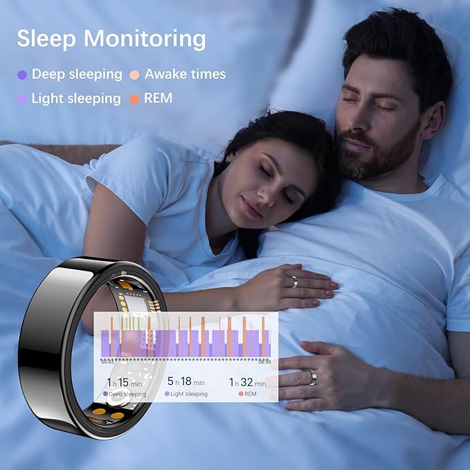 Ring Health Tracker for Women Men, Fit Ring with Heart Rate, Blood Oxygen, Sleep Monitor, Calories, Step Counter, IP68 Waterproof Smart Ring for iPhone & Android, No Subscription Fee (Black, 8#)