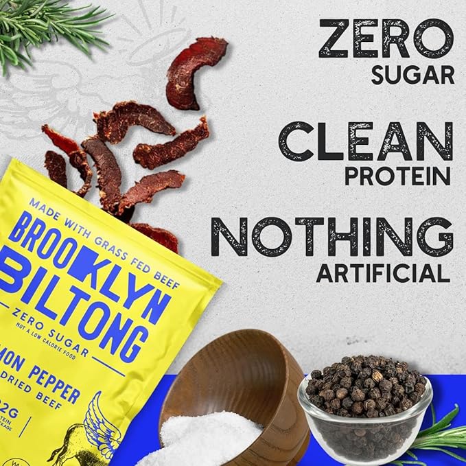 Brooklyn Biltong Air Dried Grass Fed Beef Snack, South African Beef Jerky (2 oz, Pack of 2) - Whole30 Approved, Paleo, Keto, Gluten Free, Sugar Free, Made in USA - (Lemon Pepper)