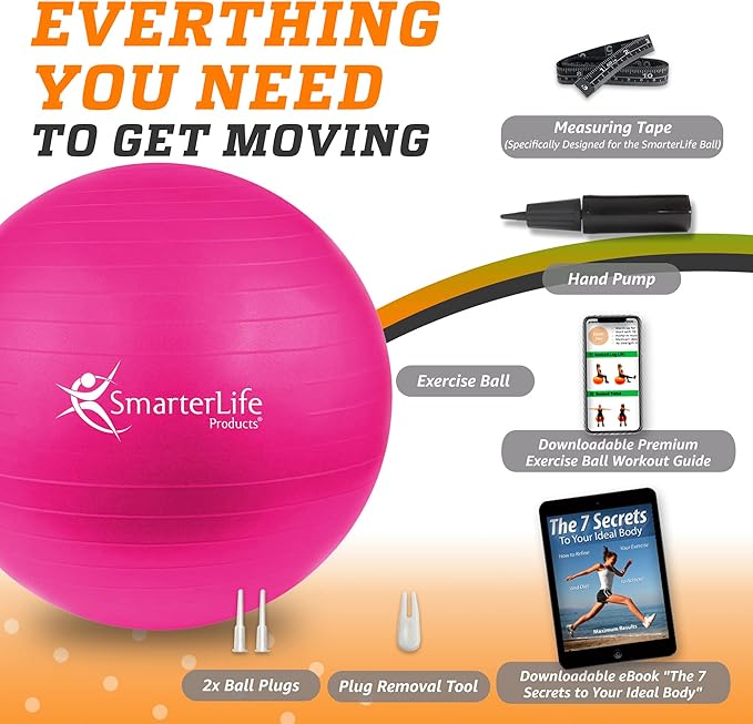 SmarterLife Exercise Ball Yoga Ball for Fitness, Balance, Stability, or Pregnancy, Gym Ball for Core Workout, Physical Therapy, Yoga Ball Chair for Office, Anti-Slip Anti-Burst