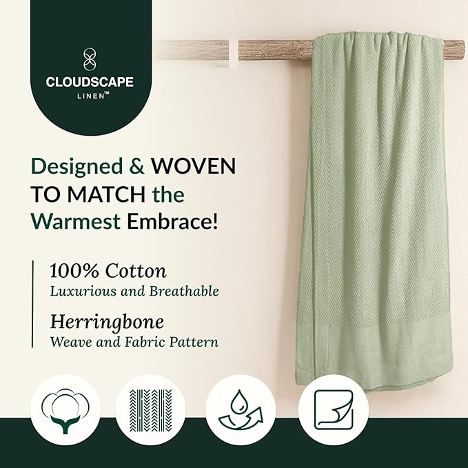 Herringbone Cotton Twin Blanket for Couch, Bed,Sofa, Home Decor, Soft, Lightweight, All-Season Bed Blanket, 68 x92, Seafoam Green