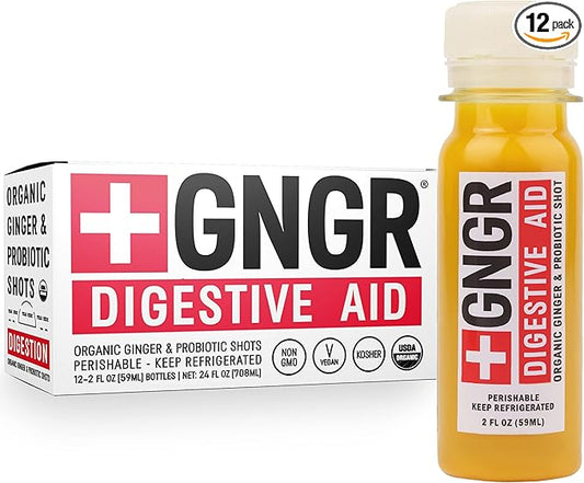 +GNGR Digestive Aid Organic Ginger Shots with Probiotics, Gut Health, Colon Cleanse, Bloating Relief, Gut Detox, Immunity Shots with Ginger Juice, Turmeric, Black Pepper. (2 Oz, Pack of 12)