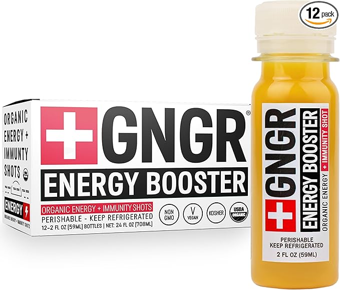 +GNGR Energy Booster & Immunity Shot, Cold-Pressed Ginger Shots with Lions Mane, 75mg of Natural Caffeine Green Tea, Turmeric Root, Vitamin D & Zinc for All Natural Immune Support (2 Oz, Pack of 12)