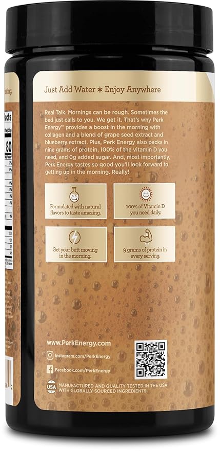 Perk Energy Original Tan Mocha Latte Flavored Drink Powder (20 Servings) - Gluten-Free, Peanut-Free, Soy-Free
