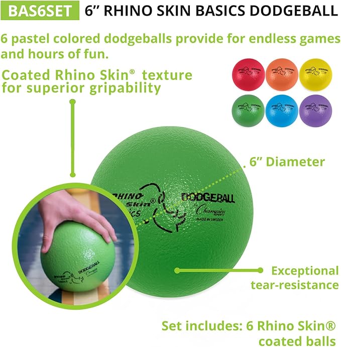 Champion Sports Rhino Skin Dodgeball Set – 6 Soft Foam Dodgeballs with Tear-Resistant Coating, Grip Surface, Low Bounce, Mesh Bag, Indoor & Outdoor Playground or PE Class Ball Set – 6” or 7”