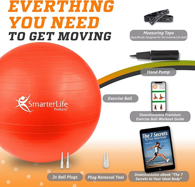 SmarterLife Exercise Ball Yoga Ball for Fitness, Balance, Stability, or Pregnancy, Gym Ball for Core Workout, Physical Therapy, Yoga Ball Chair for Office, Anti-Slip Anti-Burst
