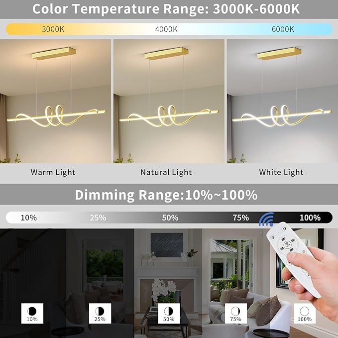 Modern Pendant Lights Fixture, 39in Aluminum LED Ceiling Chandelier with Remote Control Dimmable 3000k-6000K Color Temperature, Island Lighting Lamp for Kitchen, Dining Room