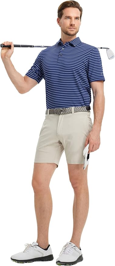 Rouen Mens Polo Shirts Short Sleeve Dry Fit Performance Moisture Wicking Causal Striped Polo Collared Golf Shirts for Men