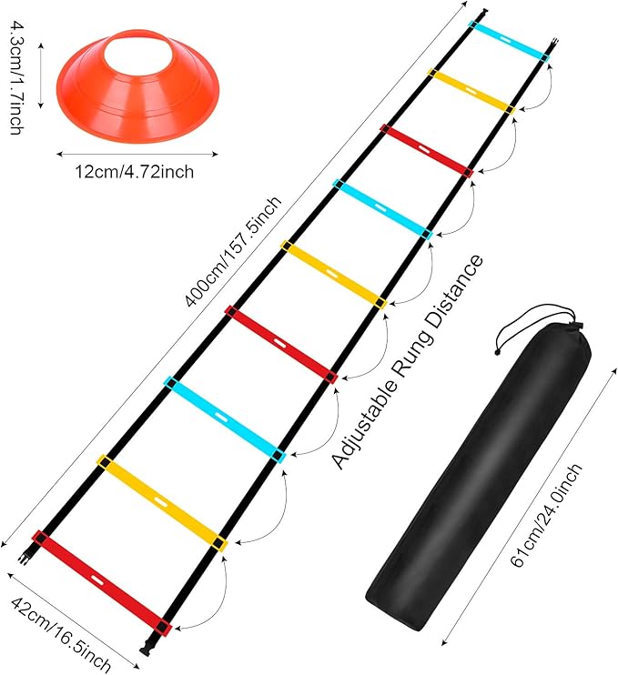 Agility Ladder Speed Training Equipment, 9 Rung 13FT Sports Agility Ladders Set Workout Ladder with 10 Disc Cones for Soccer, Speed, Football Fitness Feet Training