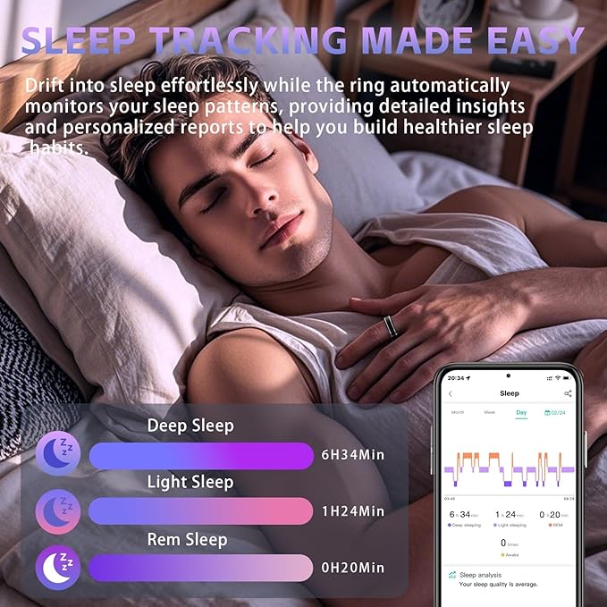 Activity Tracker Ring for Men – Fitness Tracker Ring with Heart Rate, SpO2, Blood Pressure, Sleep Monitoring, Step & Calorie Counter, 5ATM Waterproof, No Subscription Fee (Black 8)