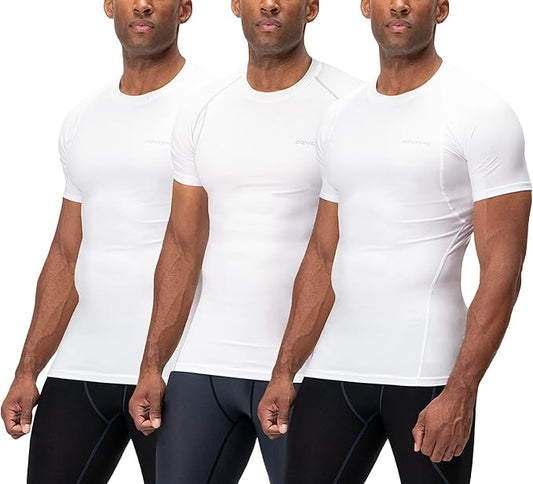 DEVOPS 3 Pack Men's Cool Dry Short Sleeve Compression Shirts, Sports Baselayer T-Shirts Tops, Athletic Workout Shirt