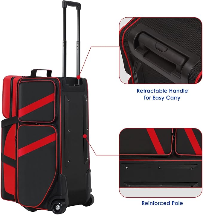 3 Ball Bowling Bag with Wheels, Bowling Bag 3 Ball Roller with Shoe Compartment (Fits Up to Size 16), with Multi-pocket and Retractable Handle Extends to 41.5"