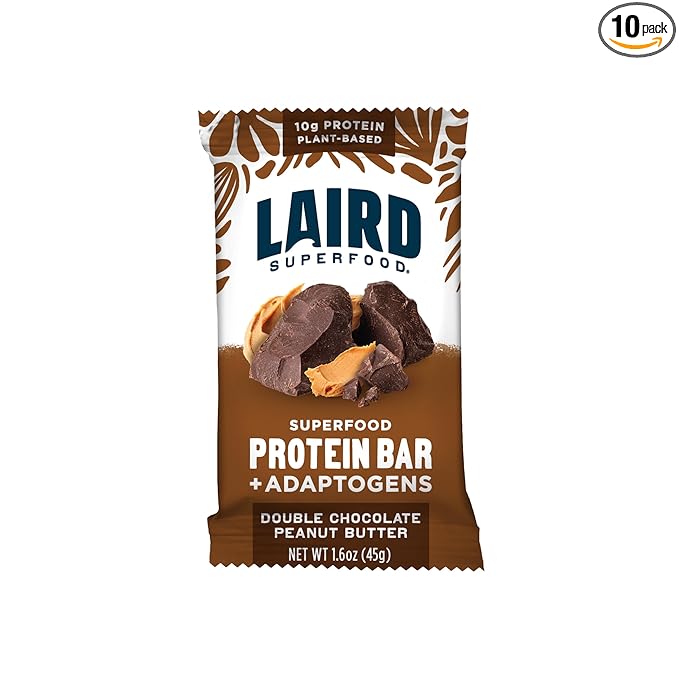 Laird Superfood Functional Protein Bars, Protein Bar but Better with Real Ingredients, Functional Mushrooms 10g Plant-Based Protein, 6g Fiber, Double Chocolate Peanut Butter, 10 Count (Pack of 1)