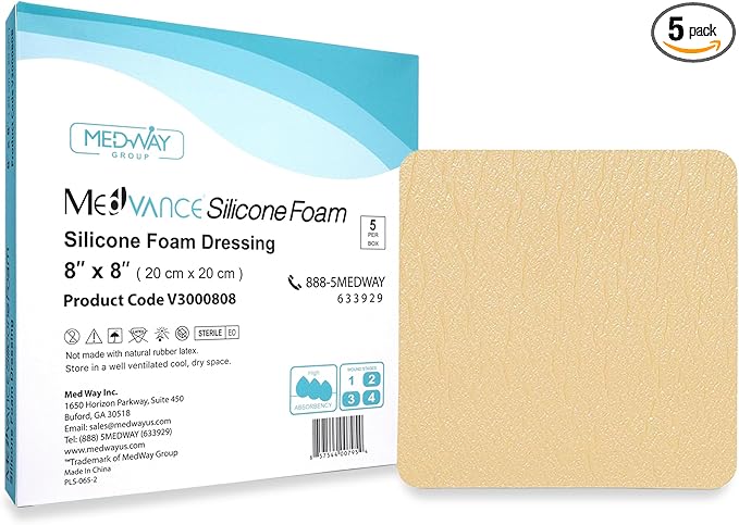 MedVance TM Silicone - Silicone Adhesive Foam Absorbent Dressing, 8"x8", Box of 5 dressings