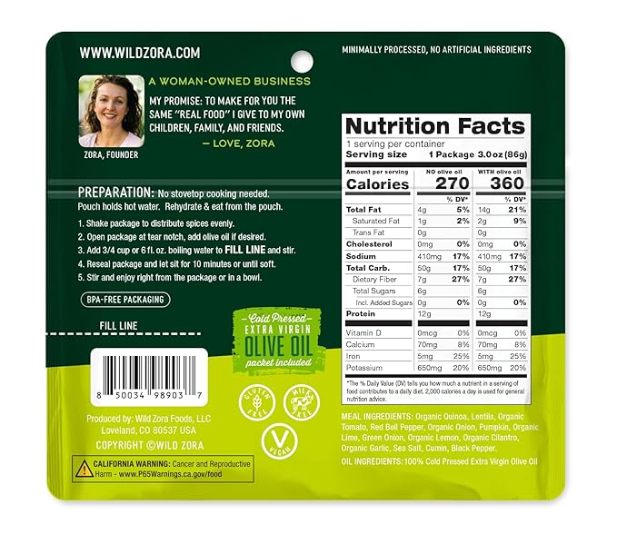 Wild Zora Instant Organic Quinoa Meals - Quick & Tasty Prepared Quinoa Bowls, Pantry Staples Gluten-Free Meal w/Lentils Plus 10g Olive Oil Packet - Baja Citrus w/Tomato, Lime & Cilantro (3-Pack)