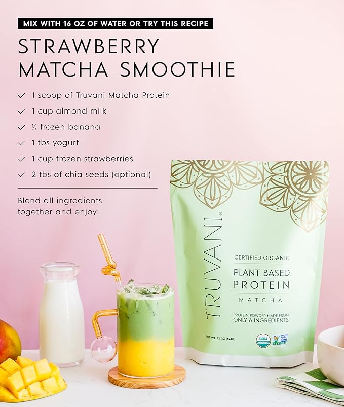 Truvani Vegan Pea Protein Powder | Matcha | 20g Organic Plant Based Protein | 10 Servings | Keto | Gluten & Dairy Free | Low Carb | No Added Sugar