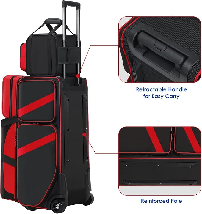 4 Ball Bowling Bags with Wheels, Bowling Ball Bag with Multi-Pockets,4 Ball Bowling Bag with Secure Buckle Fixed Ball Cup & Shoe Compartment,3 Ball Bowling Bag+1 Ball Color Matching Add On Tote